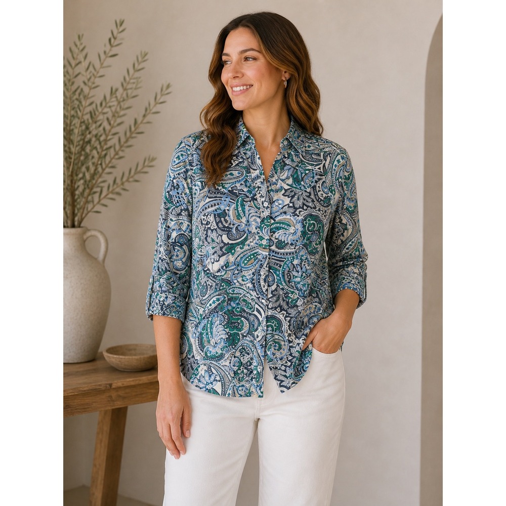212 Collection Button Up Top Womens Small Blue Paisley Stretch Excellent 3/4 Slv
